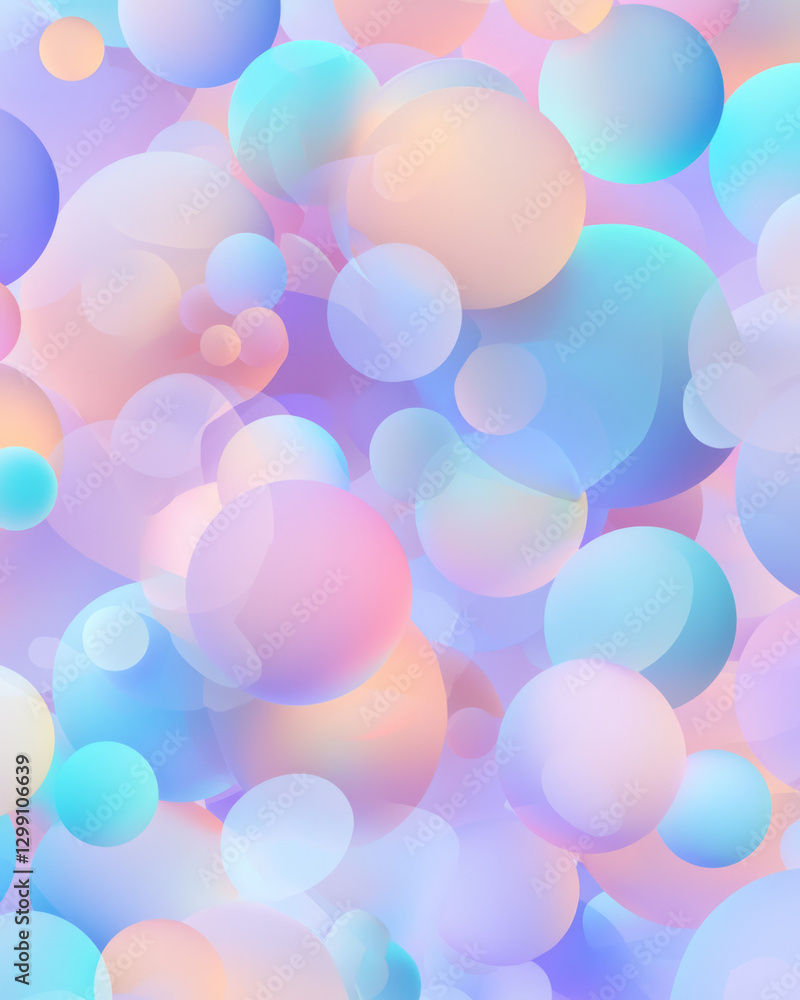 Poster layered arrangement of transparent neon blobs reflecting onto each other, pastel edges, airy