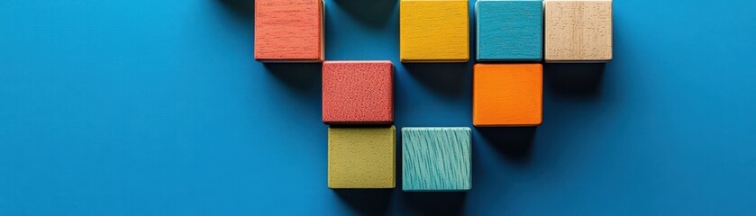 Fototapeta premium Four colorful blocks—red, yellow, green, and blue—are meticulously arranged in a triangle formation on a vibrant blue surface, creating a playful and visually appealing scene.