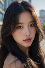 Obraz premium Asian Beautiful Female taking a Selfie Photo - Profile Picture - Young Woman outside on Sunny Day in the City - Eastern Lady in Fashionable Clothing - Modelling for Camera Social Media