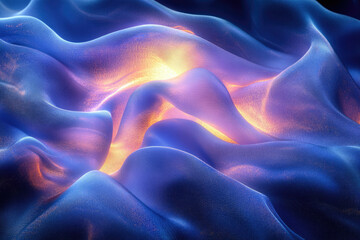 Obraz premium Abstract image of flowing, luminous blue fabric with warm orange glow at its center.