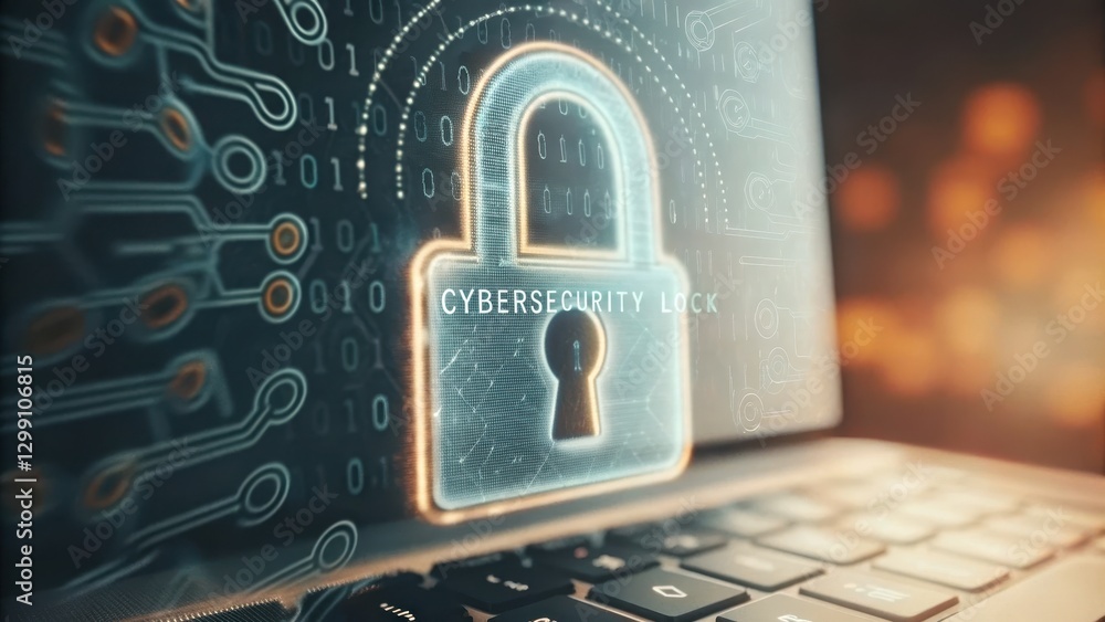 Aufkleber holographic cybersecurity lock interface on laptop with digital data protection symbols and abstract