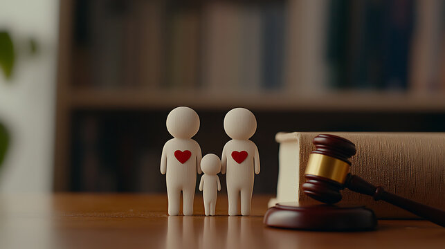 Family figurine with hearts next to a gavel symbolizes legal family matters. A visual metaphor for family law, adoption or legal guardianship.