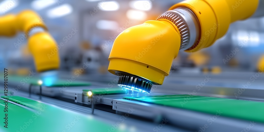 Poster revolutionizing heavy industry with quantum sensing technology advanced robotics in a futuristic env