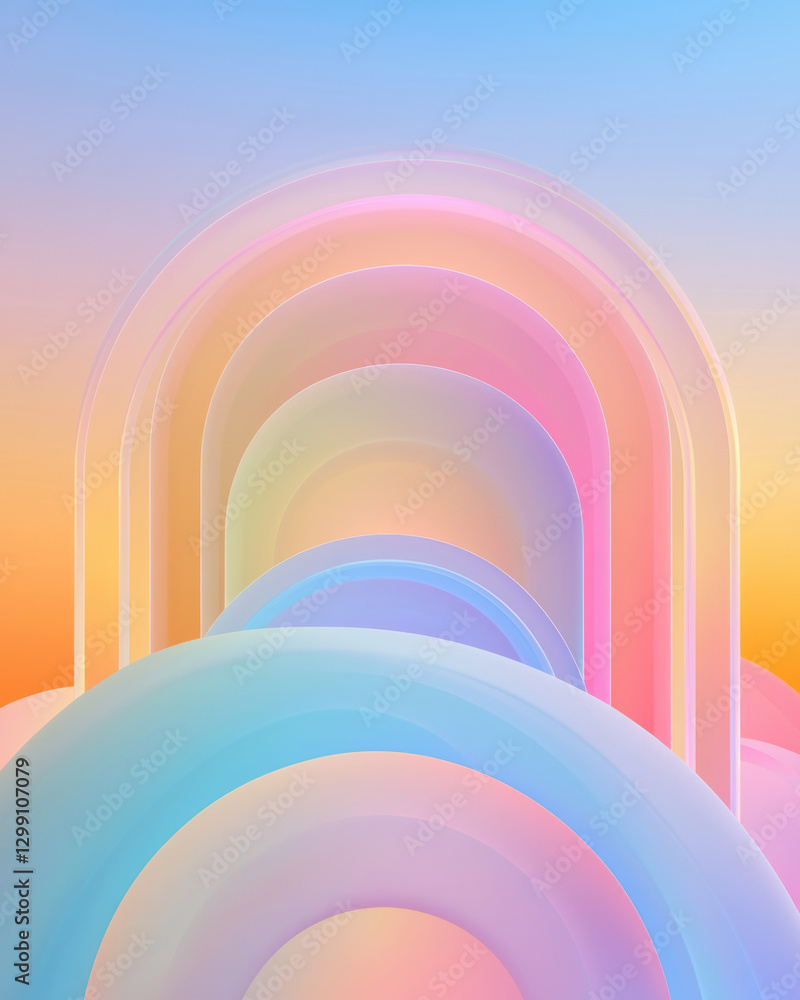 Poster surreal overhead perspective featuring overlapping pastel arcs merging into vibrant neon lines,