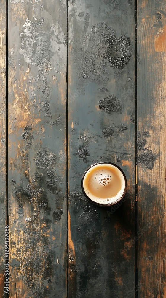 Poster coffee resting in a cup on a rustic wooden table with a textured surface in the morning light