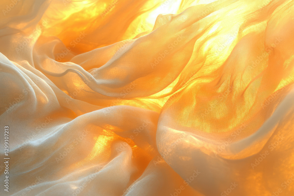 Poster golden sunlight illuminates sheer fabric, creating soft, flowing waves of light and shadow.