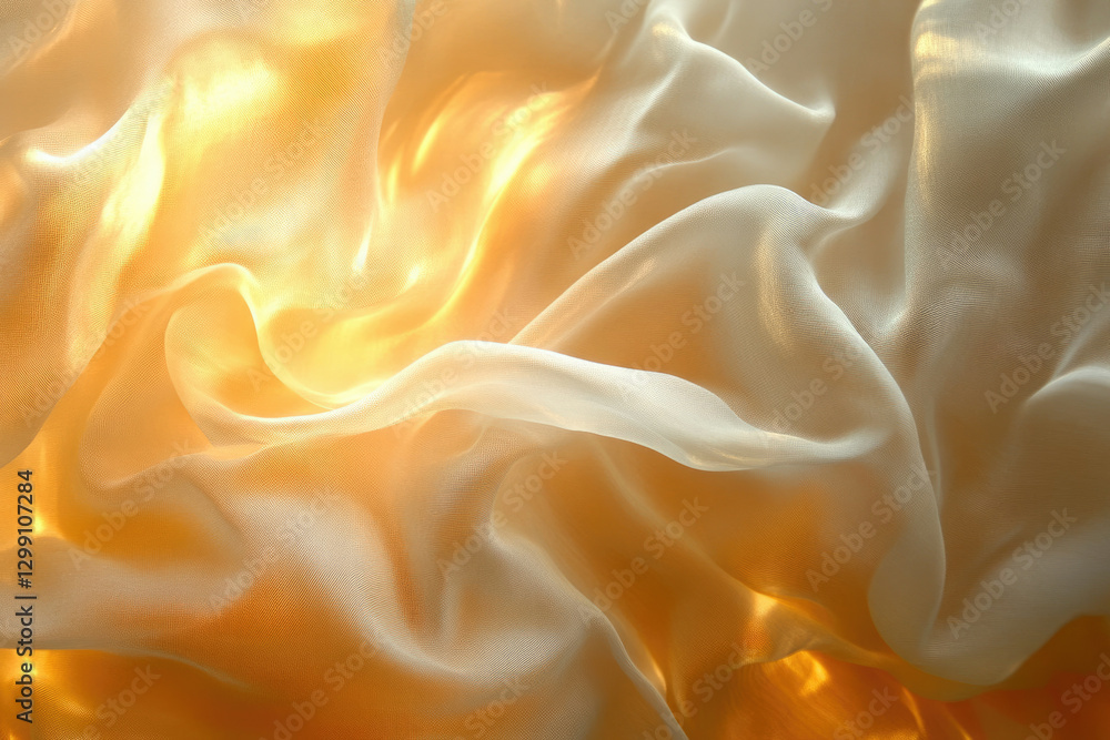 Poster golden silk fabric draped in soft folds, illuminated by warm light.
