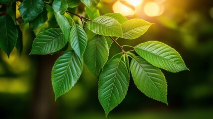 Fototapeta premium Leaf's Embrace: A close-up shot of vibrant green leaves, catching the sunlight, evokes feelings of renewal and growth. Detailed view capturing nature's beauty.