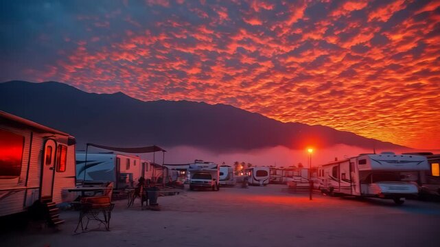 Breathtaking orange sunset over a serene camping site in the mountains during evening hours