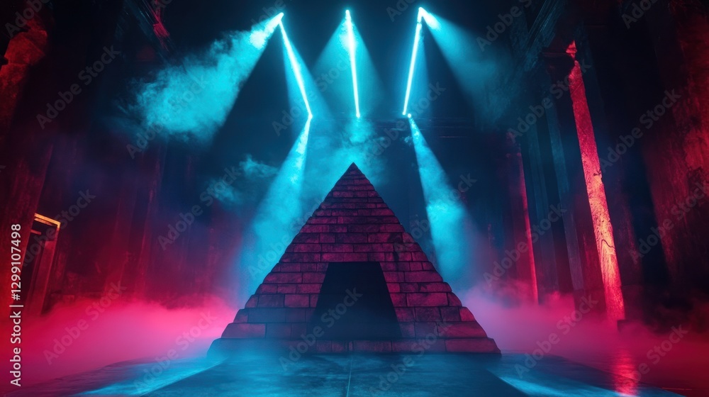 Poster mysterious pyramid in fog with neon lights and ancient architecture