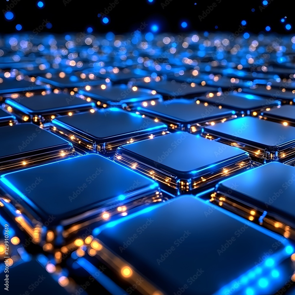 Poster neon glowing grid block surface digital space abstract art futuristic environment close-up view tech