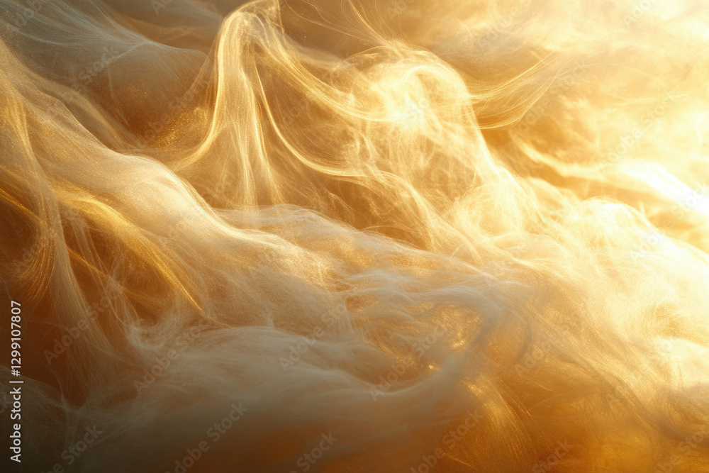Poster abstract image of swirling, golden smoke or clouds, illuminated by a warm light, creating a ethereal