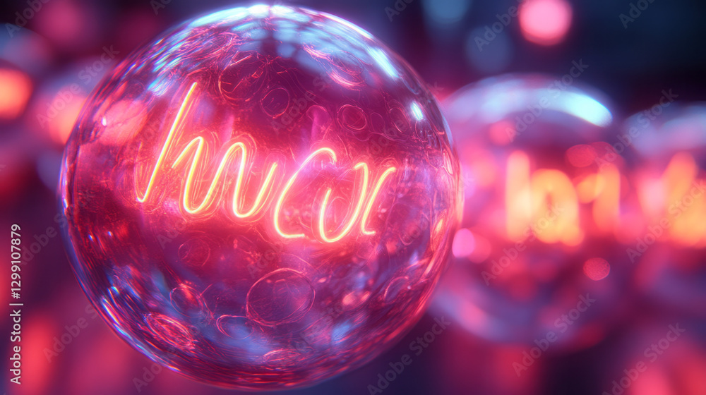 Poster multiple translucent orbs filled with swirling neon colors, overlapping in a moody negative space,