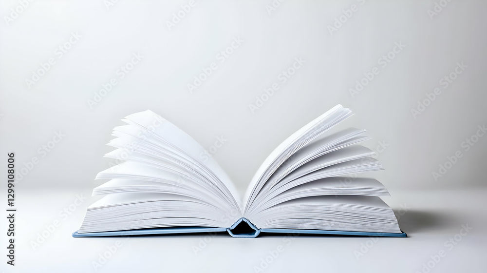 Poster open book displayed on white surface with blue spine illuminated by soft lighting against white back