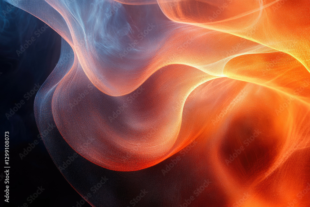 Poster abstract art depicting flowing, translucent fabric in shades of orange and blue, creating a mesmeriz