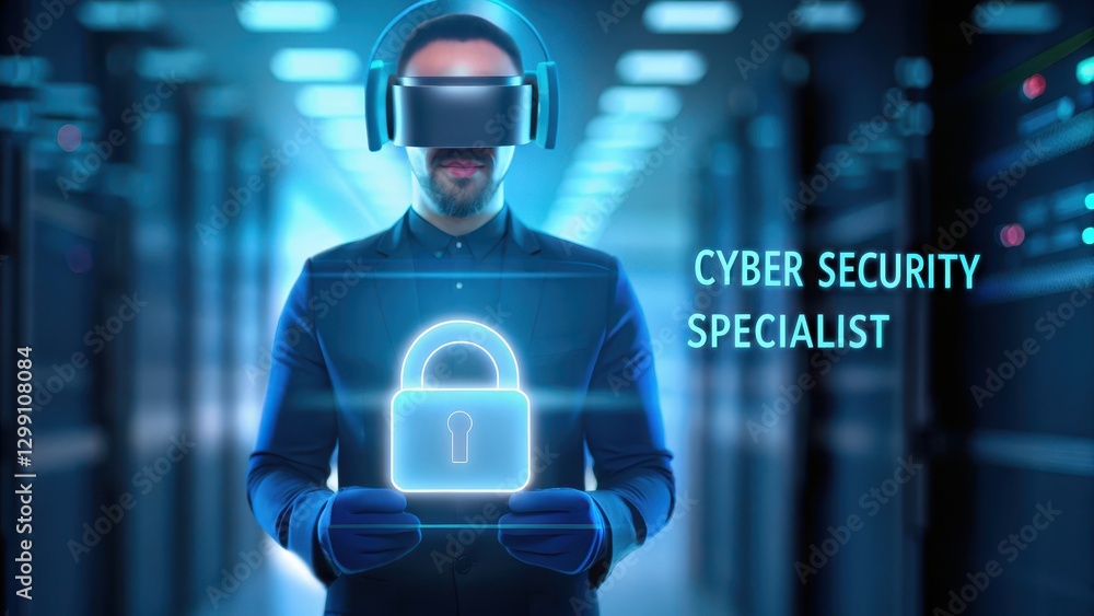 Poster cyber security specialist reviewing floating digital lock in futuristic data center with virtual rea