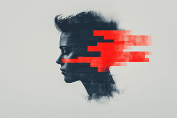 Minimal arrangement with a half-head silhouette gradually pixelating into bright digital blocks,