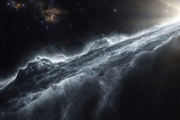 Fototapeta premium A cosmic scene with a sloping, textured structure resembling a cloud or mist in space, illuminated by a light source with stars in the background