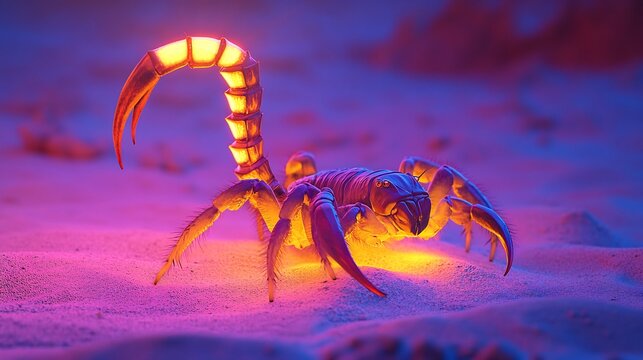 Sinister Deathstalker Scorpion glowing under UV light its lethal tail arched high venomous stinger pulsating with deadly toxins navigating the arid desert sands