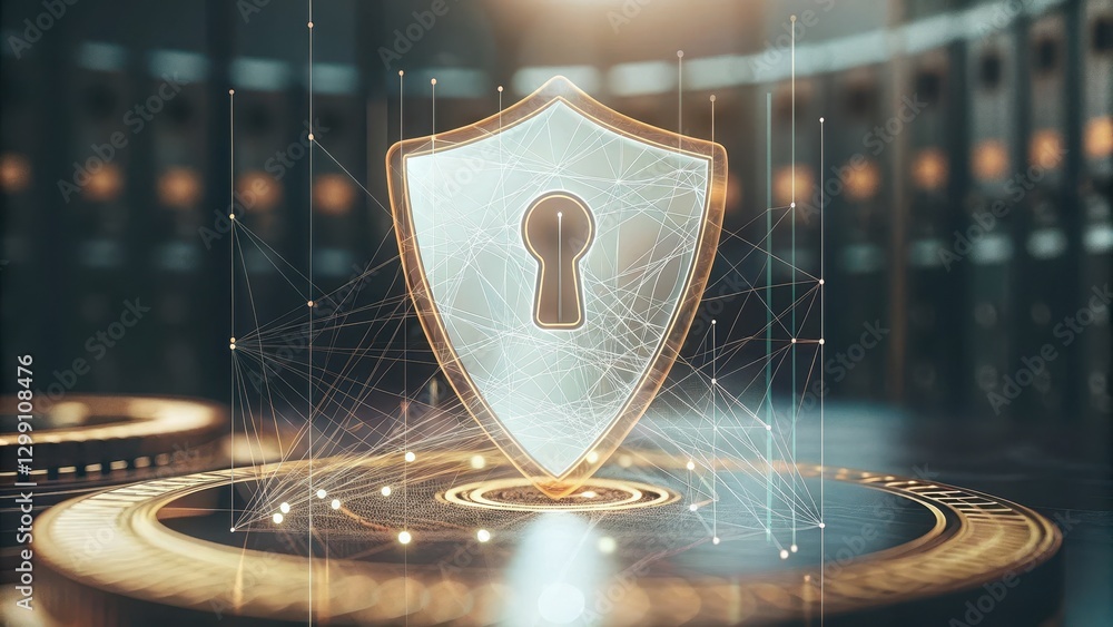 Poster modern privacy innovation with floating hologram of shield and keyhole in futuristic digital environ