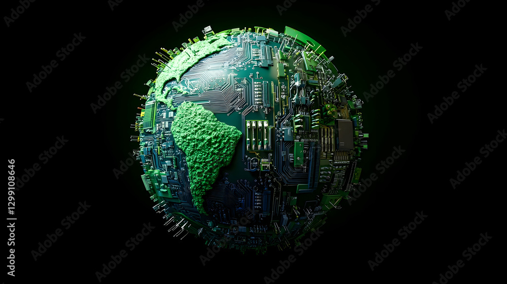 Poster digital globe depicting continents in green with embedded circuitry on black background
