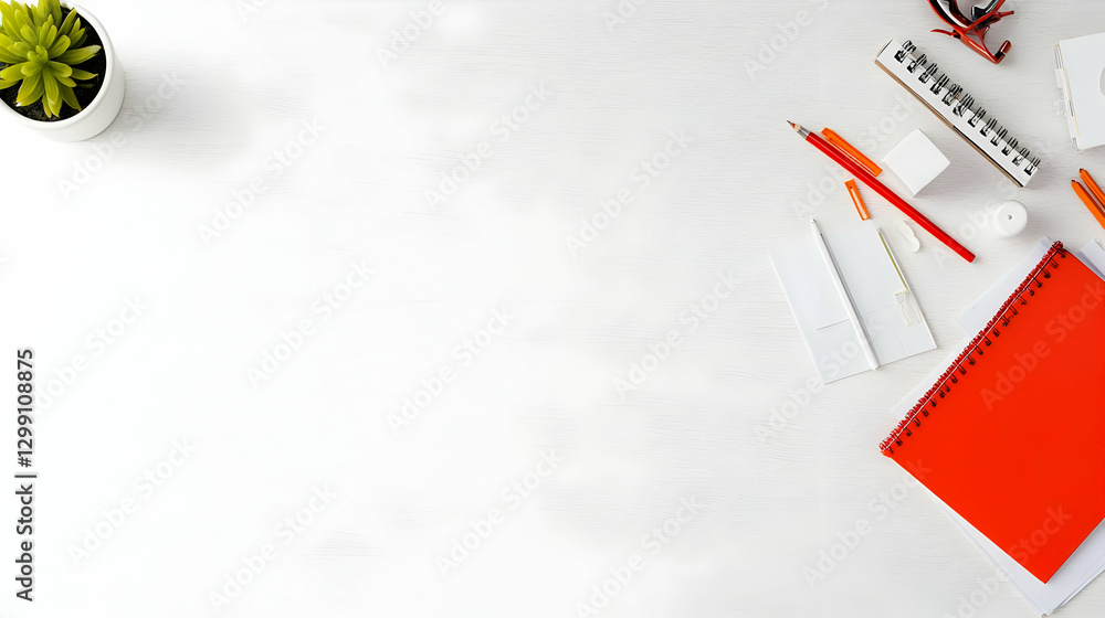 Poster Overhead View Of Office Workspace With Stationery Objects Arranged On White Table