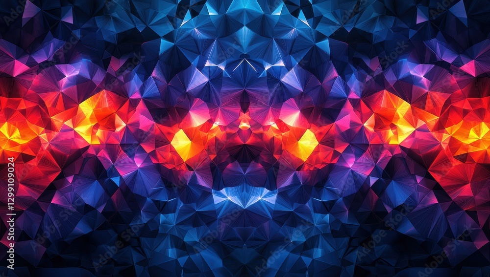 Poster vibrant abstract pattern with geometric shapes and colorful light reflections in blue, red, and oran