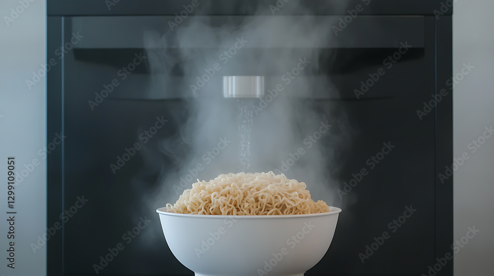 Poster steaming noodles in a white bowl, with vapor rising and minimalist backdrop, creating a simple yet a