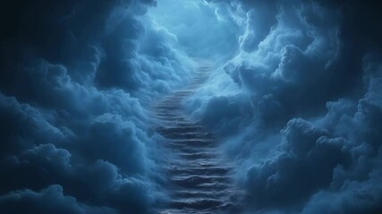 Stairway to a mystical realm shrouded in clouds and blue light at twilight