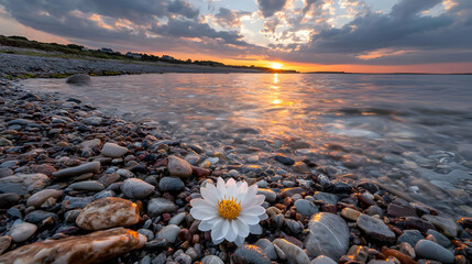 Obraz premium White daisy flower rests on a wet pebble beach at sunset as gentle waves wash ashore.