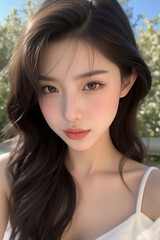 Naklejka premium Asian Beautiful Female taking a Selfie Photo - Profile Picture - Young Woman outside on Sunny Day in the City - Eastern Lady in Fashionable Clothing - Modelling for Camera Social Media