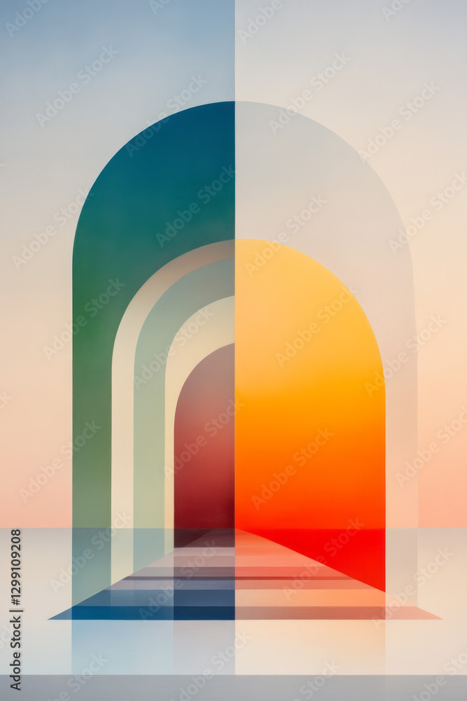 Aufkleber minimalist arrangement of two or three wide arcs smoothly transitioning from warm reds to cool