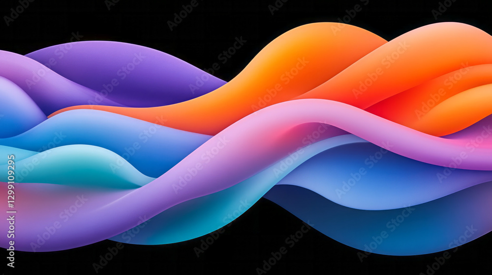 Poster dreamlike composition with multiple overlapping ribbons transitioning between teal, purple, and