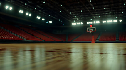 Empty Basketball Court With Blood Stains And Arena Lights Over Wooden Floor