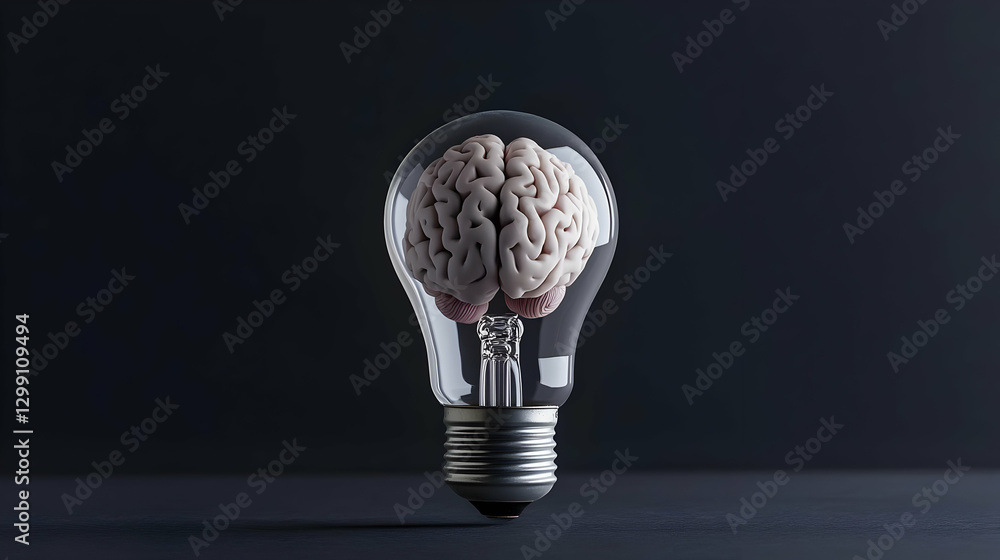 Poster brain inside a transparent lightbulb on black background representing ideas