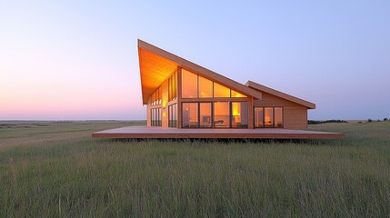 Obraz premium Modern house, sunset prairie, interior view, real estate