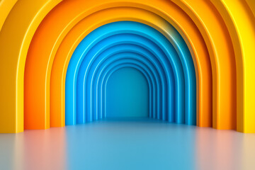 Futuristic swirl of translucent blue arcs fading into vibrant yellow tips, moody shadows, hyperreal
