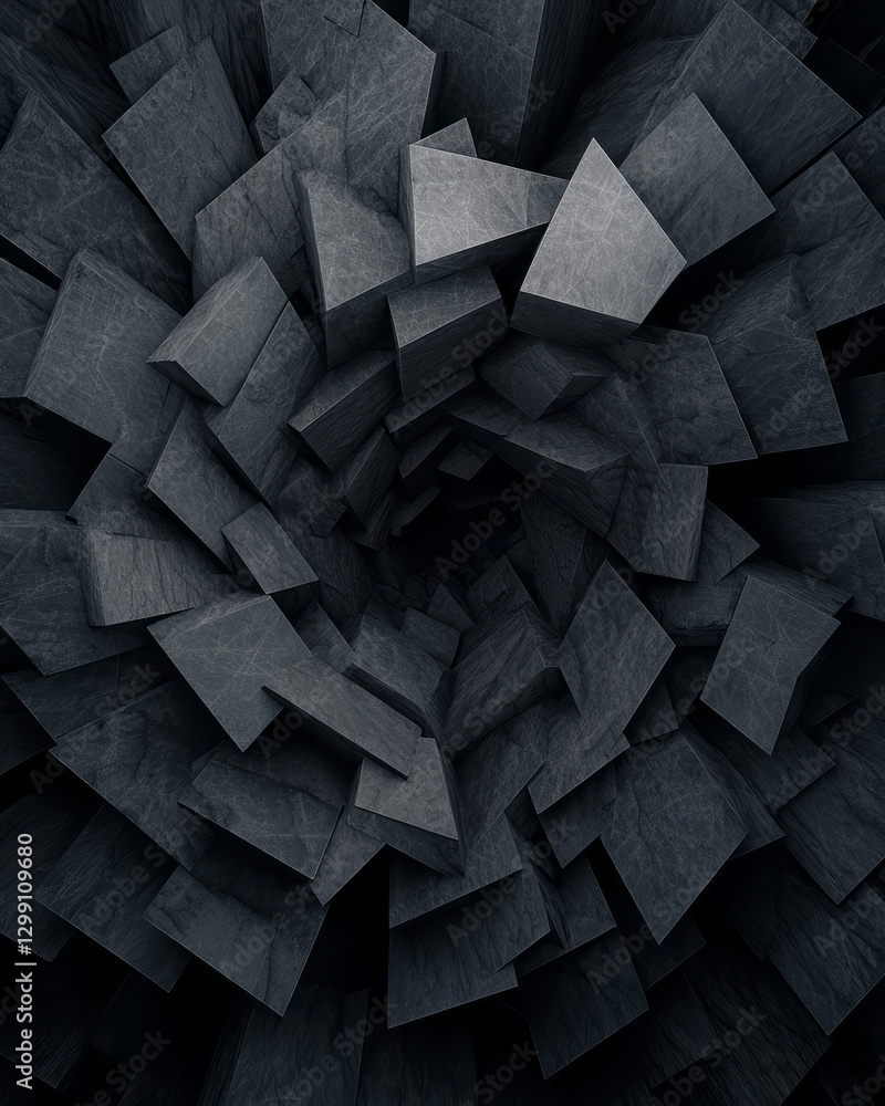 Poster hypnotic fractal-like design of repeating polygons, black nodes at each corner, moody overhead