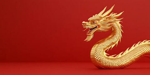Obraz premium A golden oriental-style dragon set against a solid red background. Scales shimmer, creating a powerful and auspicious symbol, bringing a sense of strength.