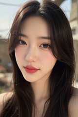 Obraz premium Asian Beautiful Female taking a Selfie Photo - Profile Picture - Young Woman outside on Sunny Day in the City - Eastern Lady in Fashionable Clothing - Modelling for Camera Social Media