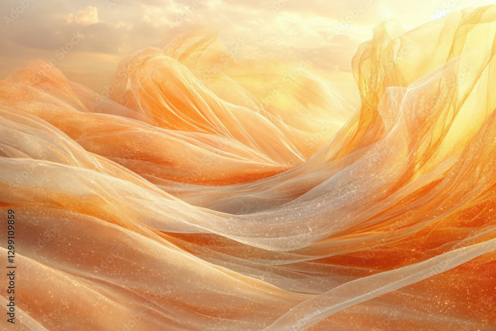 Poster golden fabric flowing in the wind, illuminated by sunlight, creating a dreamy, ethereal scene.