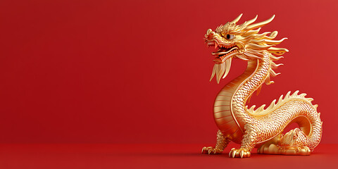 Obraz premium Golden dragon figure against a red background, a symbol of strength and good fortune. The intricate details highlight craftsmanship.