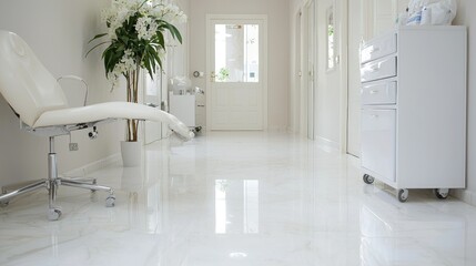 Modern spa hallway, white marble floor, plants, open doors, waiting area, interior design, tranquil atmosphere, professional aesthetics
