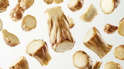 Whole and chopped Jerusalem artichokes floating in mid-air, showcasing their unique shape and texture against white.