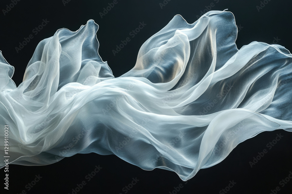 Poster flowing white fabric gracefully dances in the air, creating an ethereal and elegant visual.