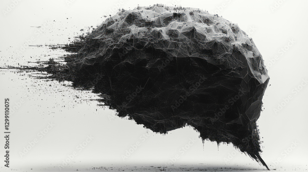 Poster fragmented polygons flickering in and out, forming an angular brain silhouette on a white backdrop,