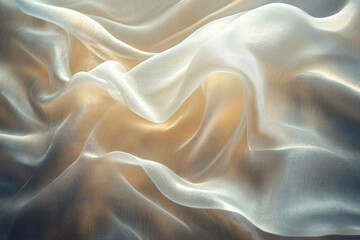 Fototapeta premium Draped sheer fabric, showcasing its delicate texture and soft, light beige and white tones.