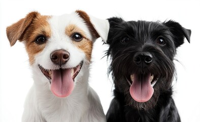 Photo of two happy dogs, one is a white Jack Russell with a brown face, and the other dog has black fur with its tongue hanging out, isolated on a clear white background.