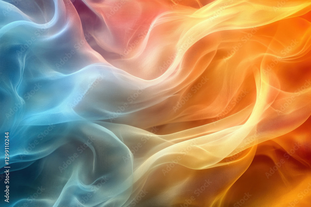 Poster abstract image of flowing, translucent fabric in shades of blue and orange, creating a dreamy, ether