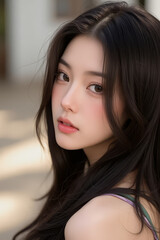 Naklejka premium Asian Beautiful Female taking a Selfie Photo - Profile Picture - Young Woman outside on Sunny Day in the City - Eastern Lady in Fashionable Clothing - Modelling for Camera Social Media